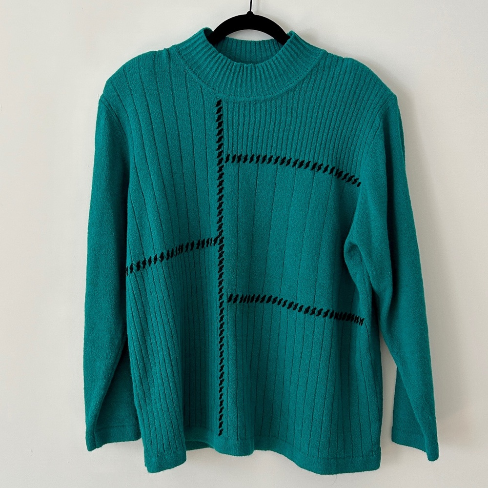 Allison Daley Teal Sweater with Black Stitching Design - Picture 2 of 7